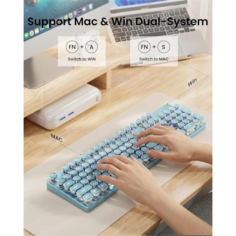 Wireless Typewriter Style Mechanical Keyboard with White Backlit, Blue | Bluetoo
